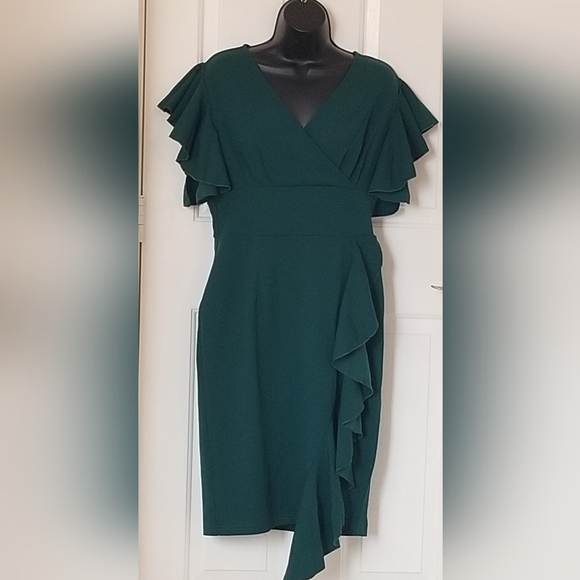 KNITEE Women's Deep-V Neck Ruffle Sleeves Cocktail Party Pencil  dress - Picture 3 of 4